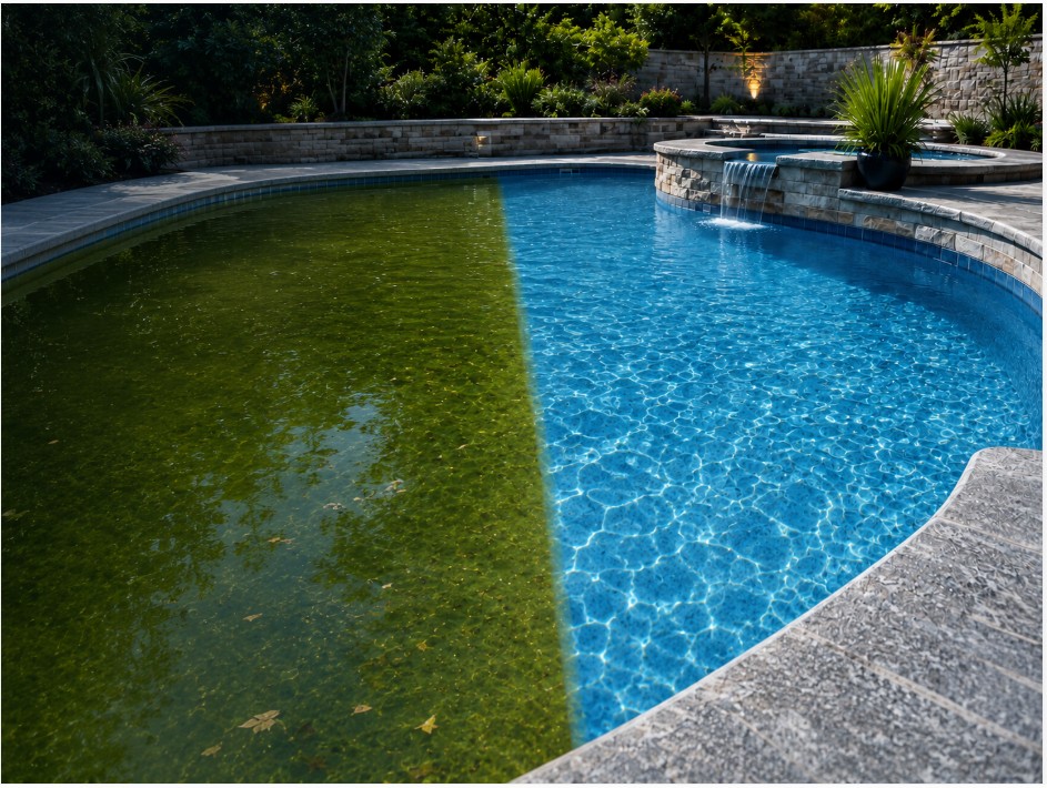 Pool shown half green and algae-filled, half clear blue after cleaning