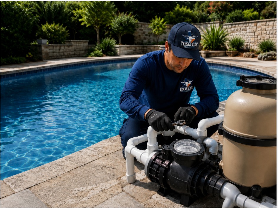 Technician repairing pool pump and filter equipment poolside